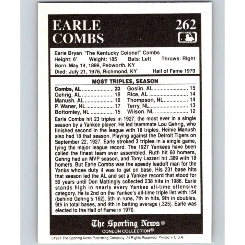 1991 Conlon Collection #262 Earle Combs EX Excellent New York Yankees Baseball Card - Baseball Card Single