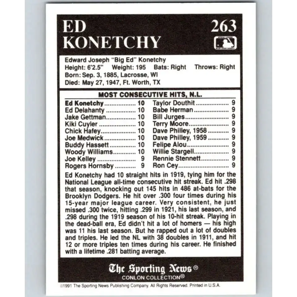 1991 Conlon Collection #263 Ed Konetchy EX Excellent Philadelphia Phillies Baseball Card - Baseball Card Single