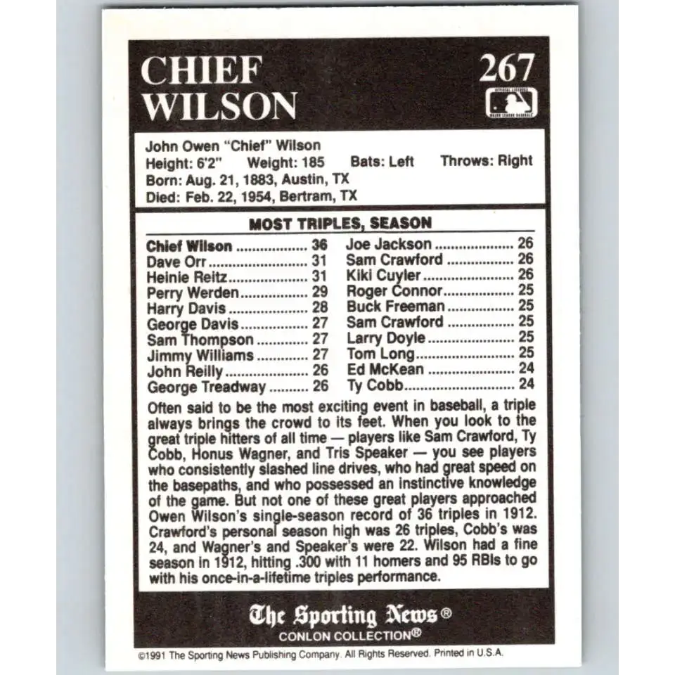 1991 Conlon Collection #267 Chief Wilson EX Excellent Pittsburgh Pirates Baseball Card - Baseball Card Single