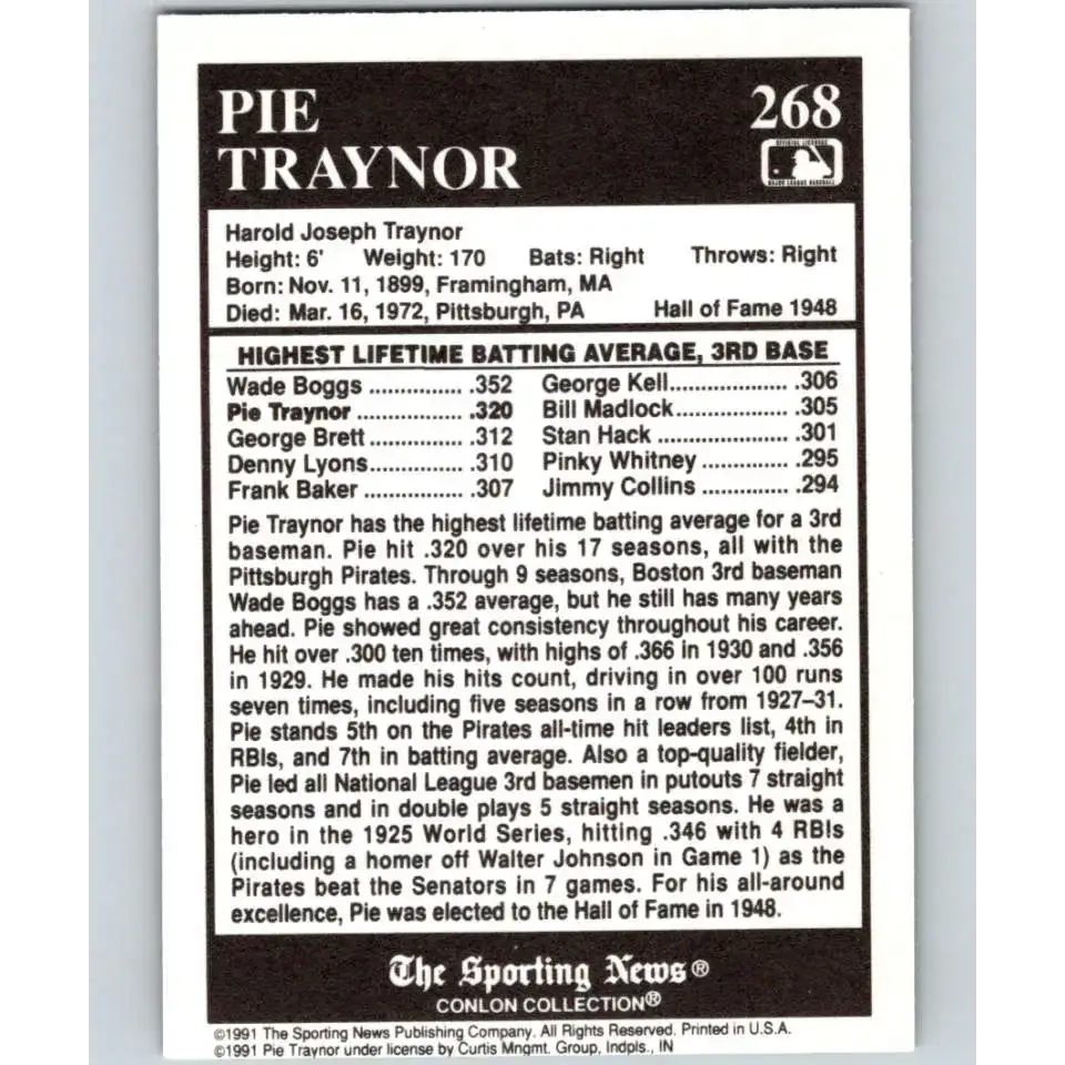 1991 Conlon Collection #268 Pie Traynor EX Excellent Pittsburgh Pirates Baseball Card - Baseball Card Single