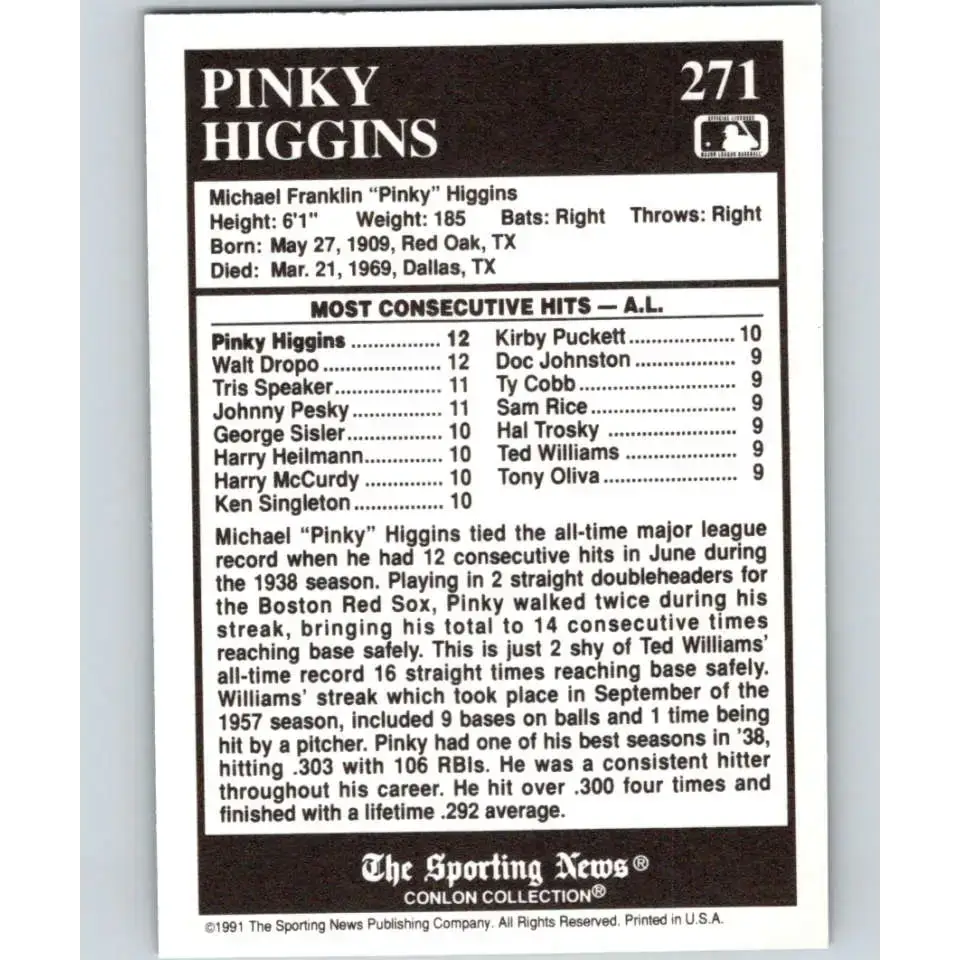 1991 Conlon Collection #271 Pinky Higgins EX Excellent Boston Red Sox Baseball Card - Baseball Card Single