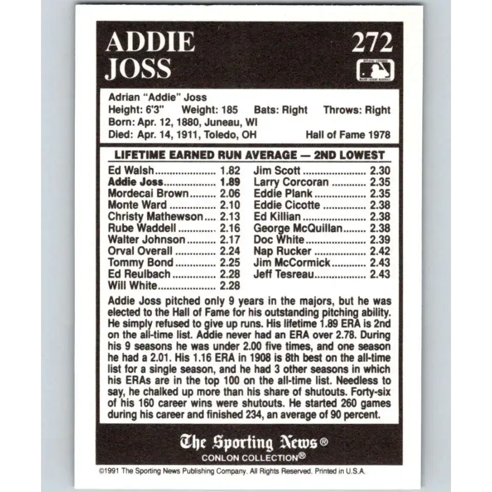 1991 Conlon Collection #272 Addie Joss EX Excellent Cleveland Indians Baseball Card - Baseball Card Single