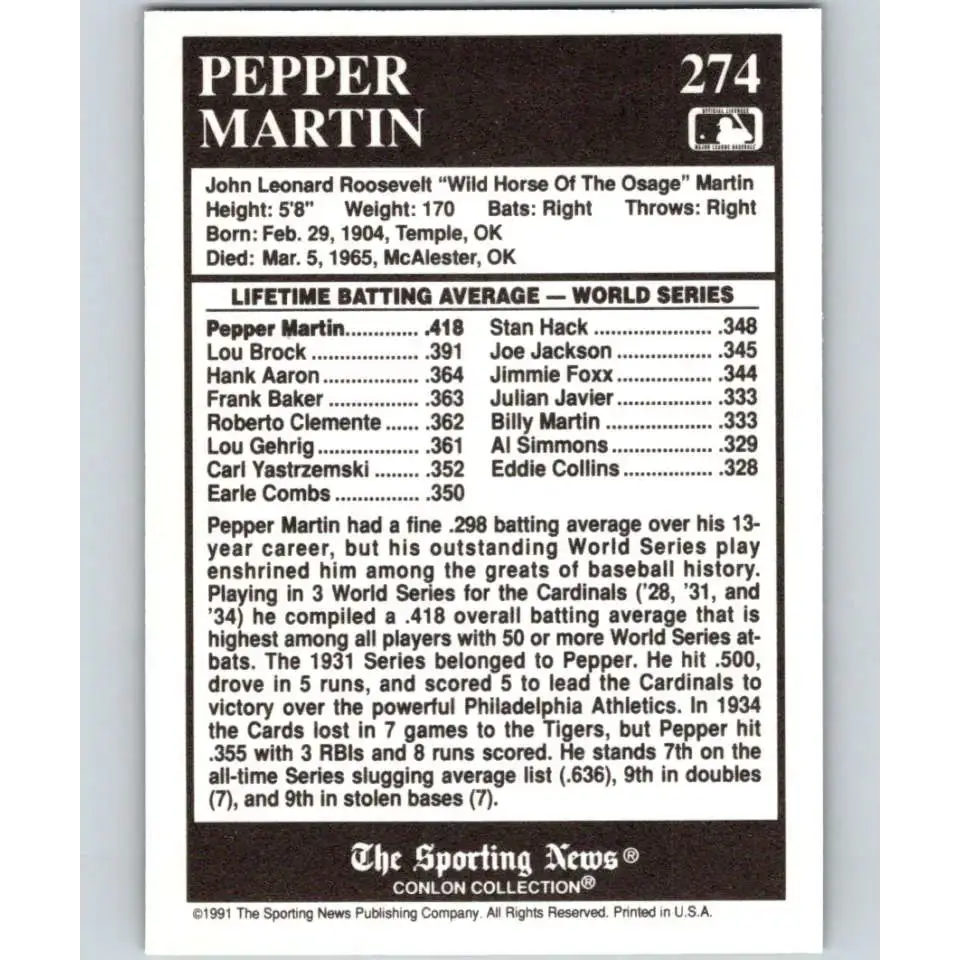 1991 Conlon Collection #274 Pepper Martin EX Excellent St. Louis Cardinals Baseball Card - Baseball Card Single