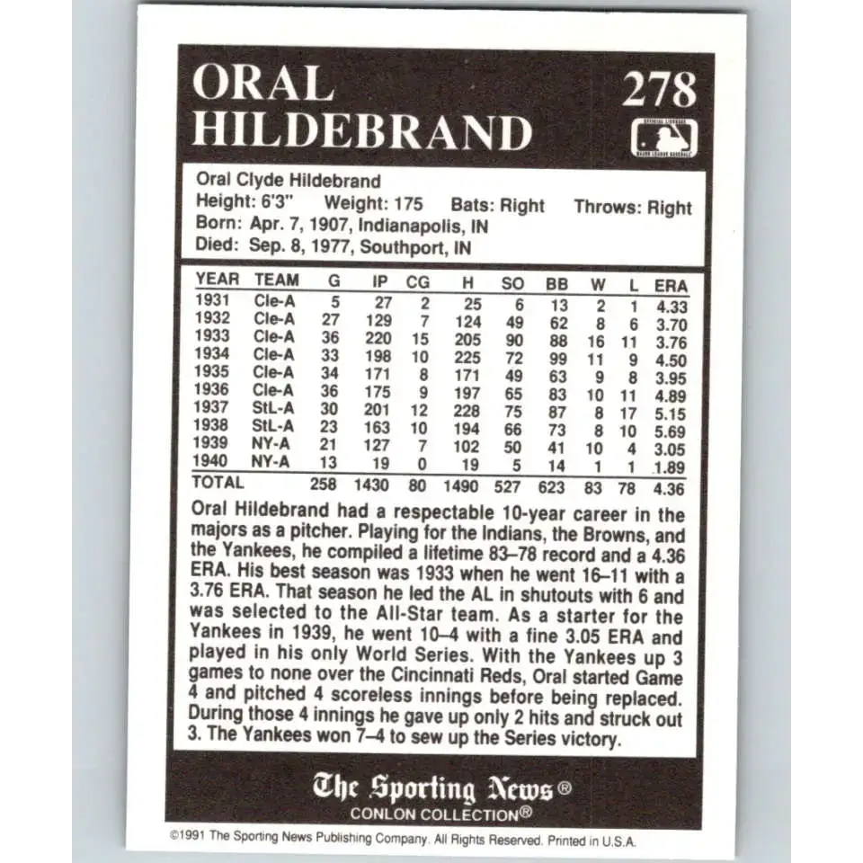 1991 Conlon Collection #278 Oral Hildebrand EX Excellent Cleveland Indians Baseball Card - Baseball Card Single