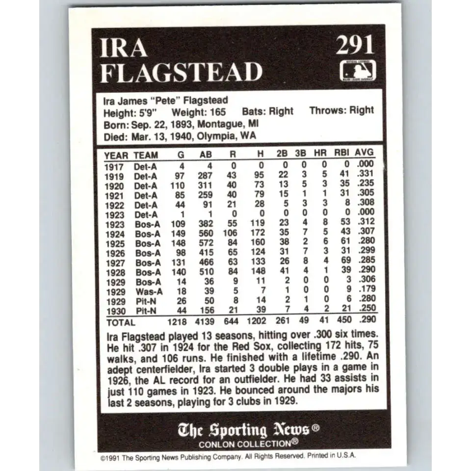 1991 Conlon Collection #291 Ira Flagstead EX Excellent Boston Red Sox Baseball Card - Baseball Card Single