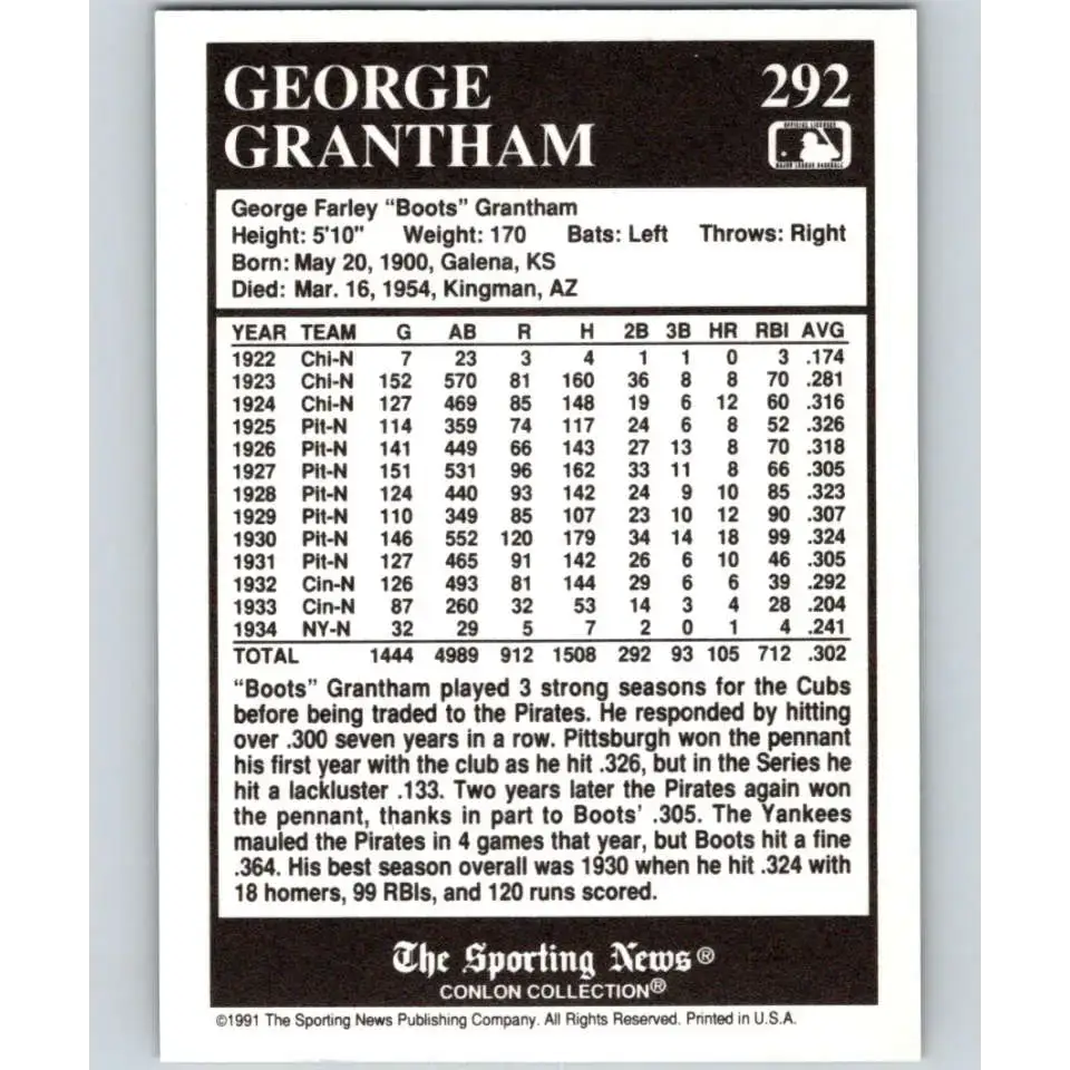 1991 Conlon Collection #292 George Grantham EX Excellent Cincinnati Reds Baseball Card - Baseball Card Single