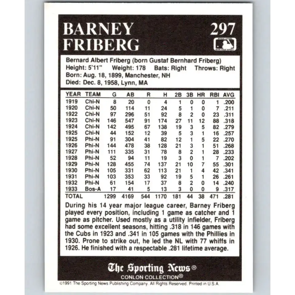 1991 Conlon Collection #297 Barney Friberg EX Excellent Philadelphia Phillies Baseball Card - Baseball Card Single