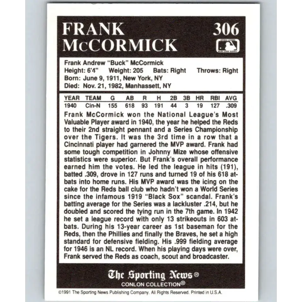 1991 Conlon Collection #306 Frank McCormick EX Excellent Cincinnati Reds Baseball Card - Baseball Card Single