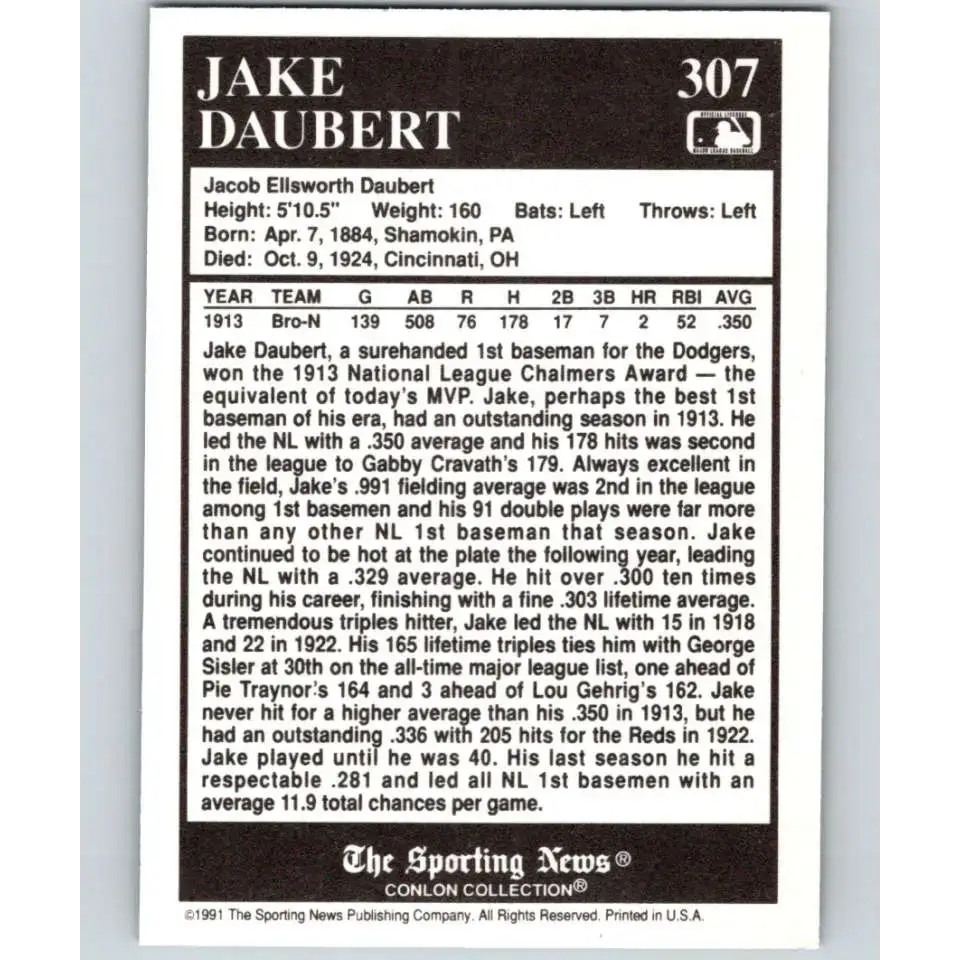 1991 Conlon Collection #307 Jake Daubert EX Excellent Brooklyn Dodgers Baseball Card - Baseball Card Single
