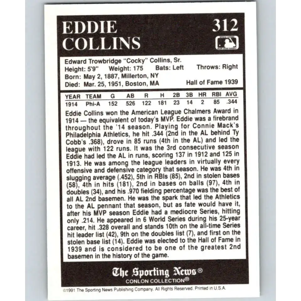 1991 Conlon Collection #312 Eddie Collins EX Excellent Philadelphia Athletics Baseball Card - Baseball Card Single