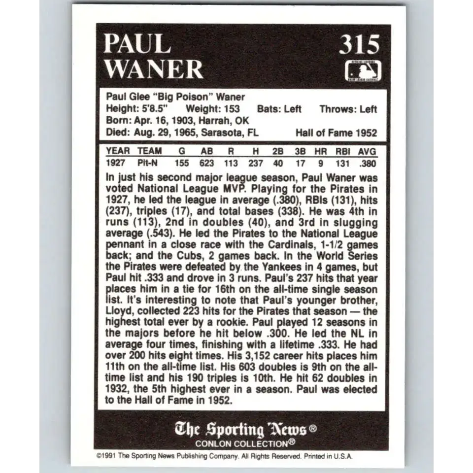 1991 Conlon Collection #315 Paul Waner EX Excellent Pittsburgh Pirates Baseball Card - Baseball Card Single