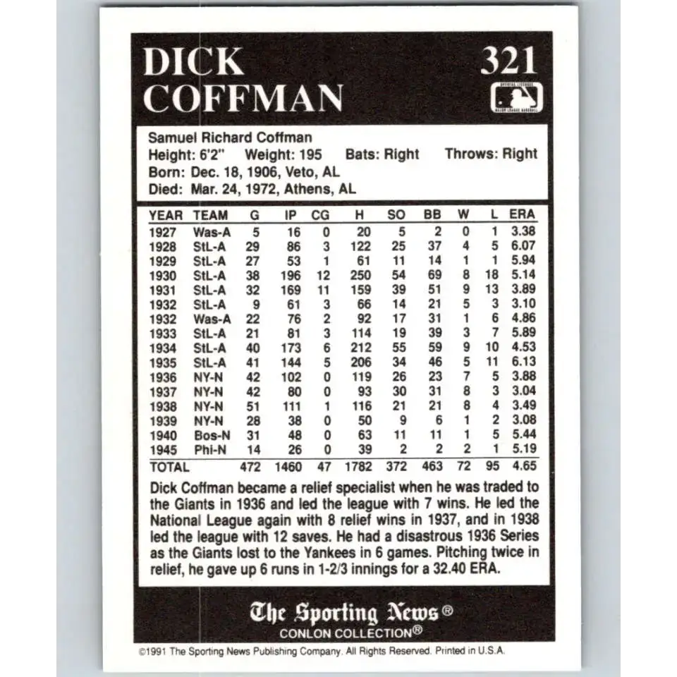 1991 Conlon Collection #321 Dick Coffman EX Excellent New York Giants Baseball Card - Baseball Card Single