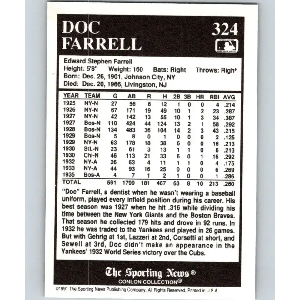 1991 Conlon Collection #324 Doc Farrell EX Excellent New York Giants Baseball Card - Baseball Card Single