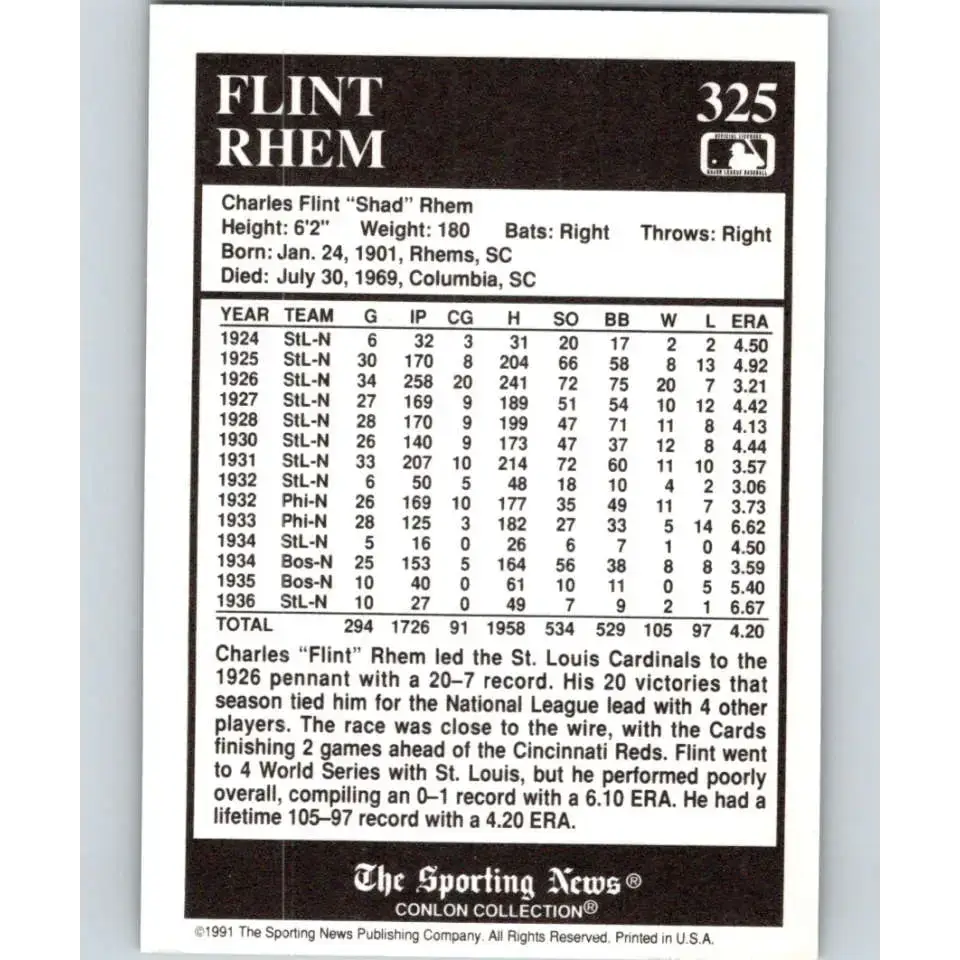 1991 Conlon Collection #325 Flint Rhem EX Excellent St. Louis Cardinals Baseball Card - Baseball Card Single