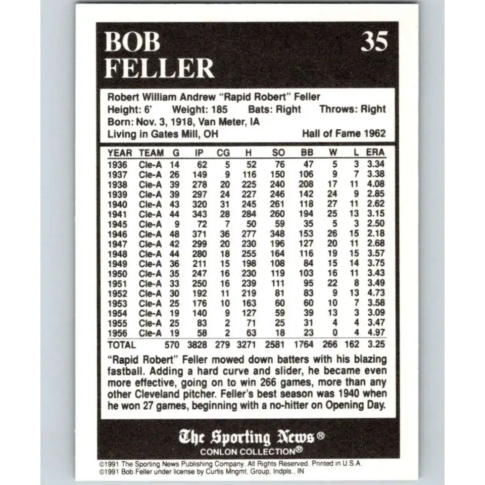 1991 Conlon Collection #35 Bob Feller EX Excellent Cleveland Indians Baseball Card - Baseball Card Single