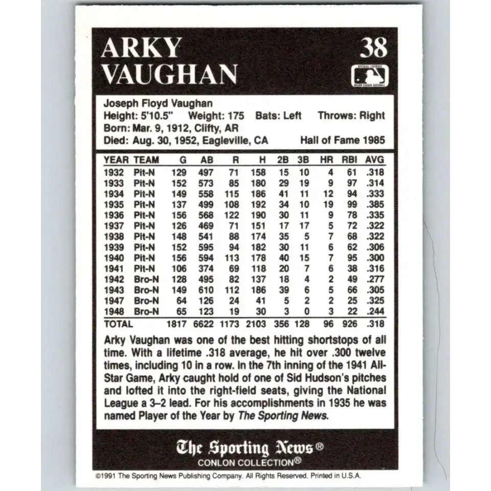 1991 Conlon Collection #38 Arky Vaughan EX Excellent Pittsburgh Pirates Baseball Card - Baseball Card Single