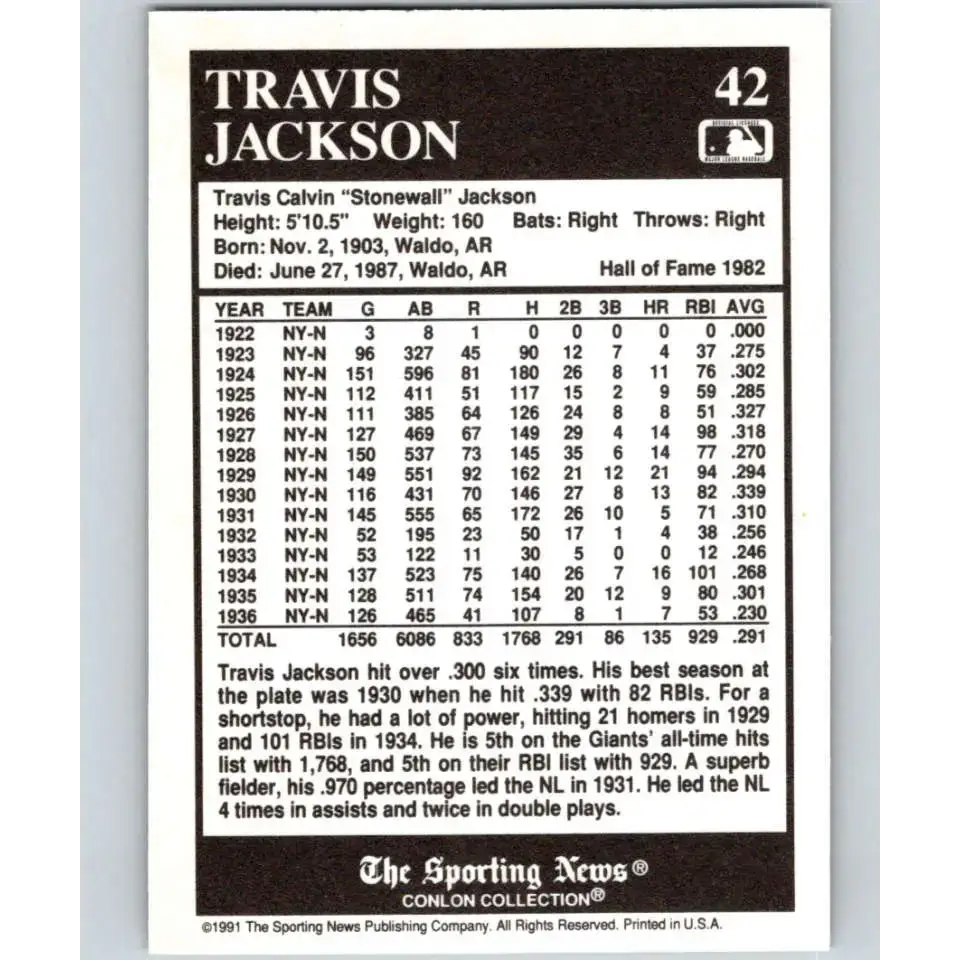 1991 Conlon Collection #42 Travis Jackson EX Excellent New York Giants Baseball Card - Baseball Card Single