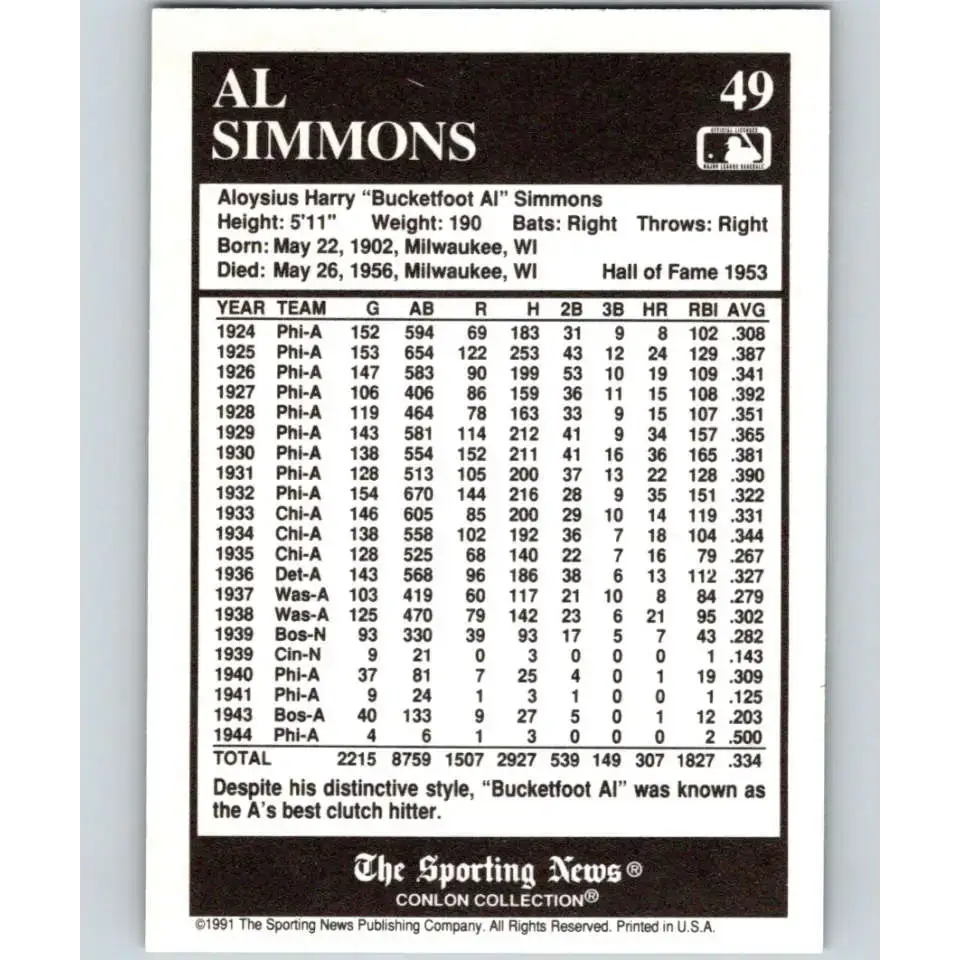 1991 Conlon Collection #49 Al Simmons EX Excellent Philadelphia Athletics Baseball Card - Baseball Card Single