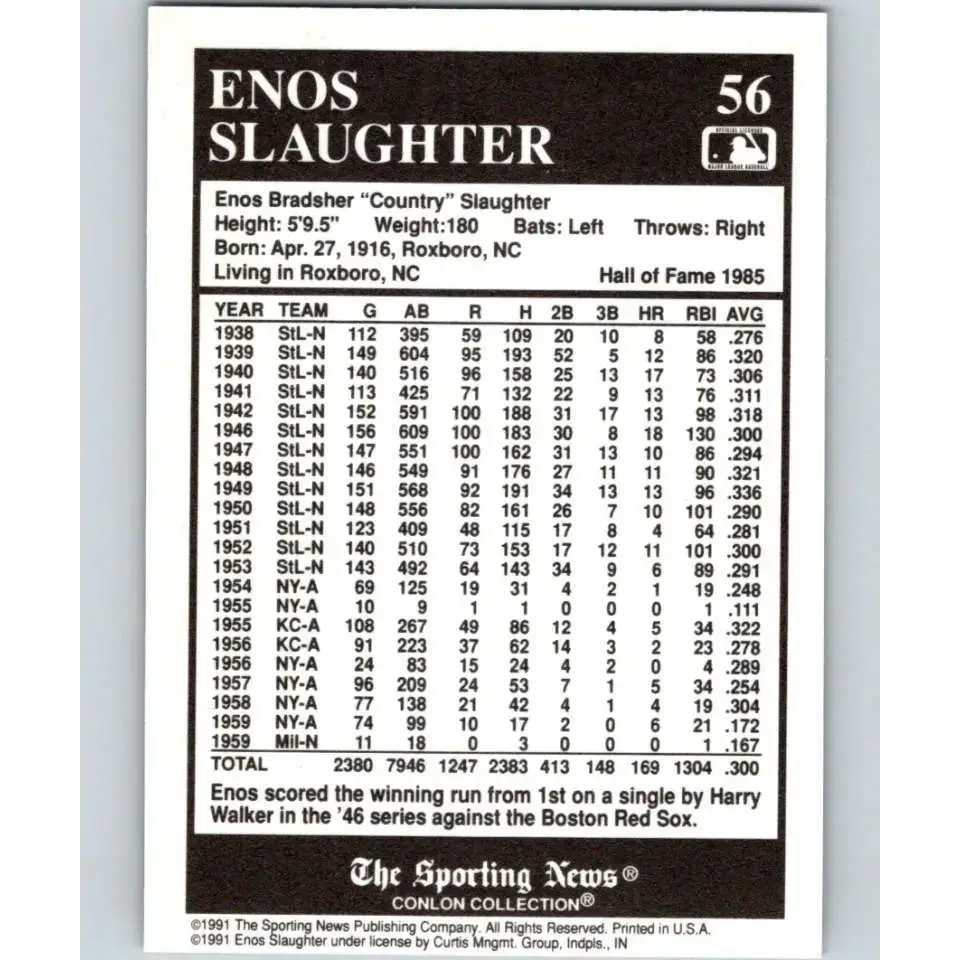 1991 Conlon Collection #56 Enos Slaughter EX Excellent St. Louis Cardinals Baseball Card - Baseball Card Single