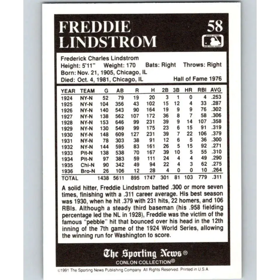 1991 Conlon Collection #58 Fred Lindstrom EX Excellent New York Giants Baseball Card - Baseball Card Single