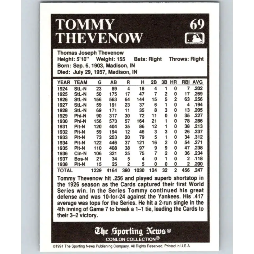 1991 Conlon Collection #69 Tommy Thevenow EX Excellent Cincinnati Reds Baseball Card - Baseball Card Single