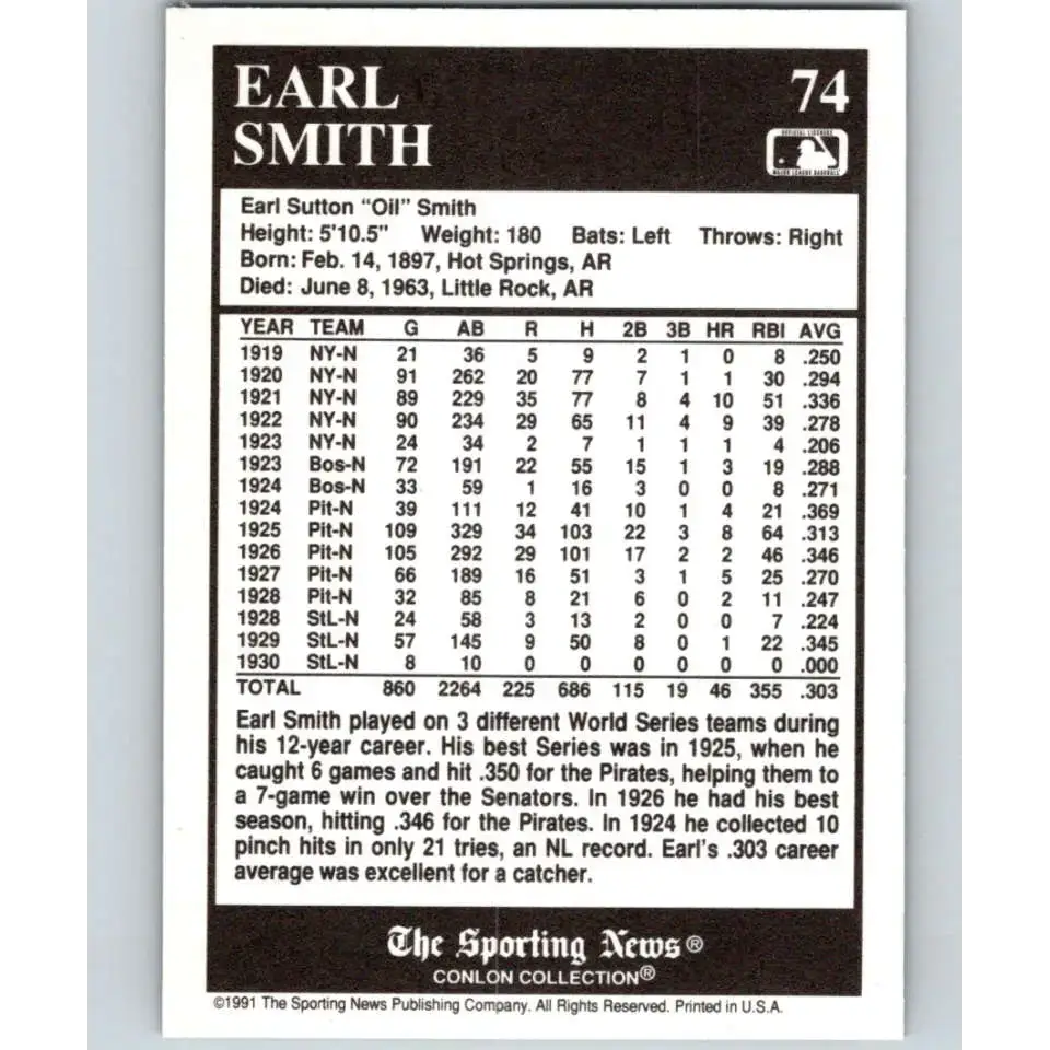 1991 Conlon Collection #74 Earl Smith EX Excellent Pittsburgh Pirates Baseball Card - Baseball Card Single