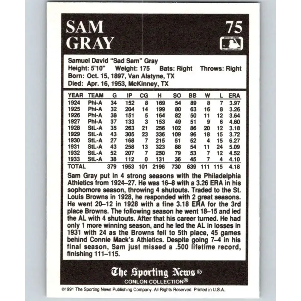 1991 Conlon Collection #75 Sam Gray EX Excellent St. Louis Browns Baseball Card - Baseball Card Single