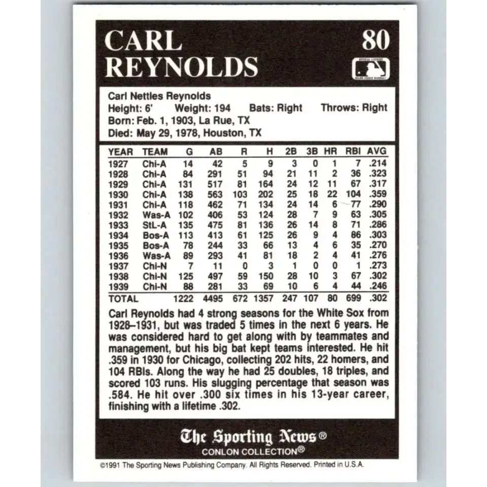 1991 Conlon Collection #80 Carl Reynolds EX Excellent Chicago White Sox Baseball Card - Baseball Card Single