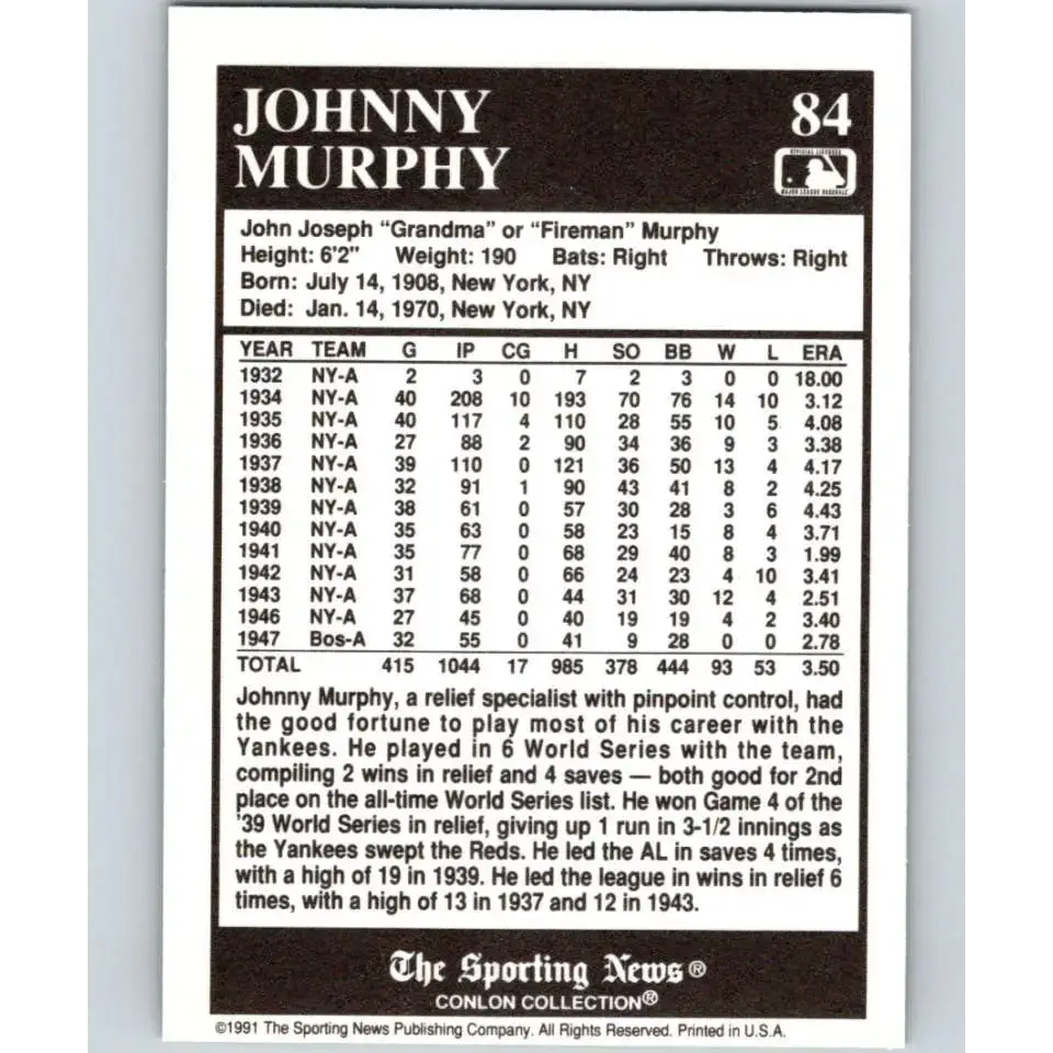 1991 Conlon Collection #84 Johnny Murphy EX Excellent New York Yankees Baseball Card - Baseball Card Single