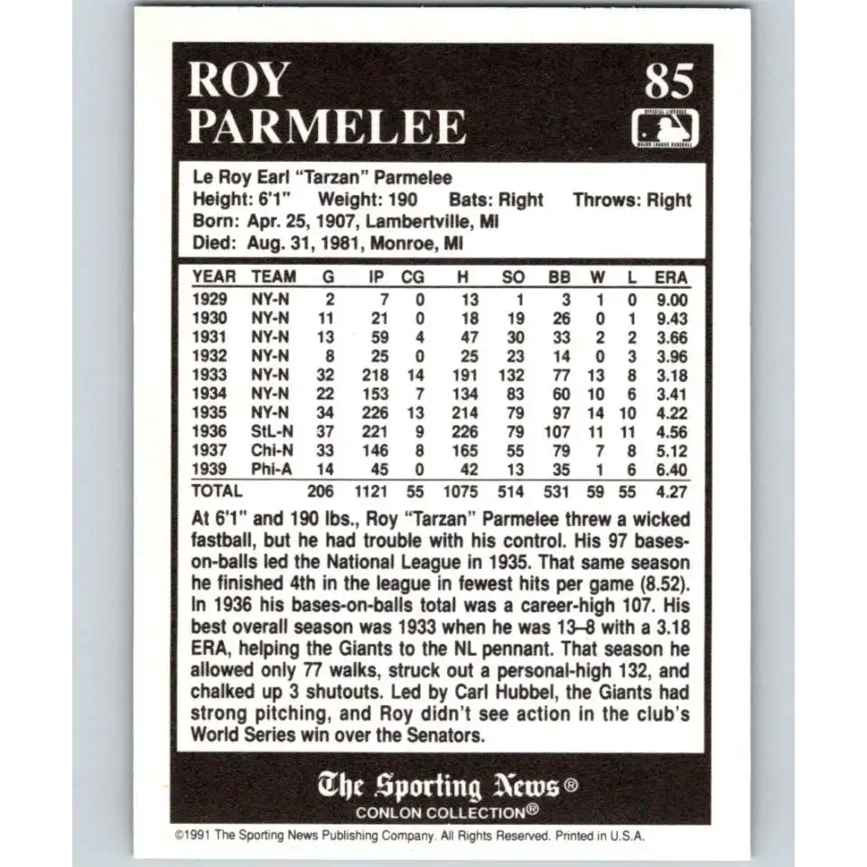 1991 Conlon Collection #85 Roy Parmelee EX Excellent St. Louis Cardinals Baseball Card - Baseball Card Single