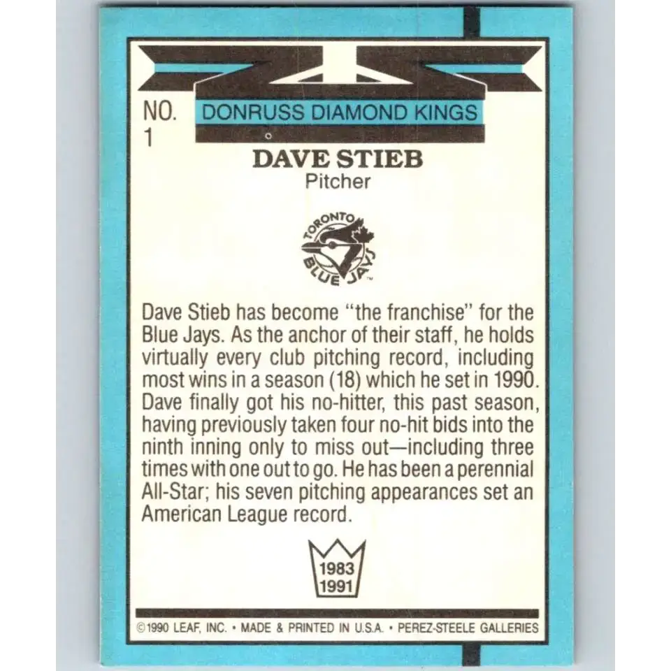 1991 Donruss #1 Dave Stieb DK NM-MT Toronto Blue Jays Baseball Card - Baseball Card Single