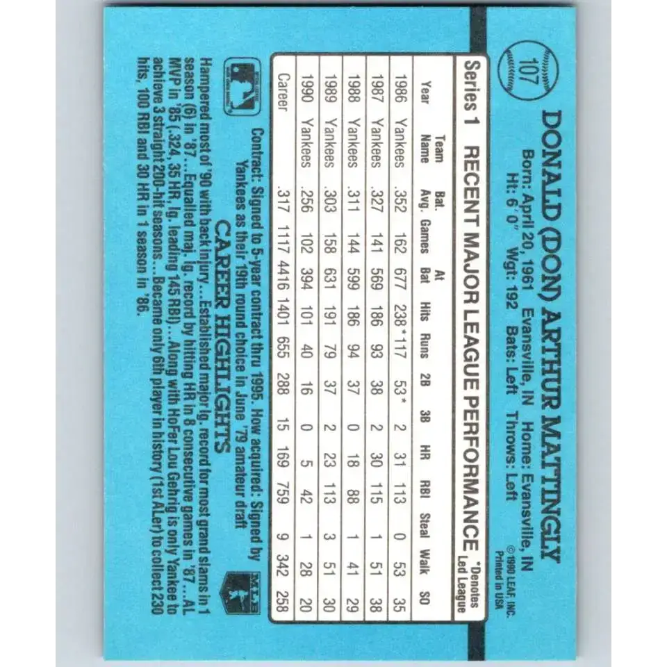 1991 Donruss #107 Don Mattingly NM-MT New York Yankees Baseball Card - Baseball Card Single