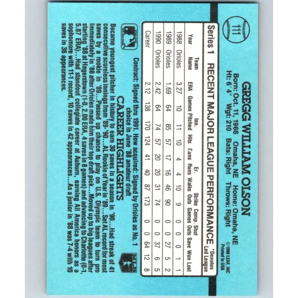 1991 Donruss #111 Gregg Olson NM-MT Baltimore Orioles Baseball Card - Baseball Card Single