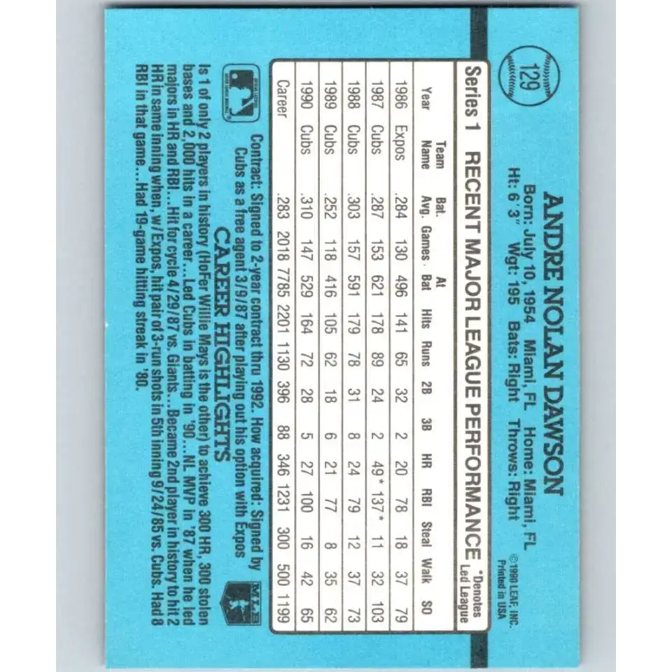 1991 Donruss #129 Andre Dawson NM-MT Chicago Cubs Baseball Card - Baseball Card Single
