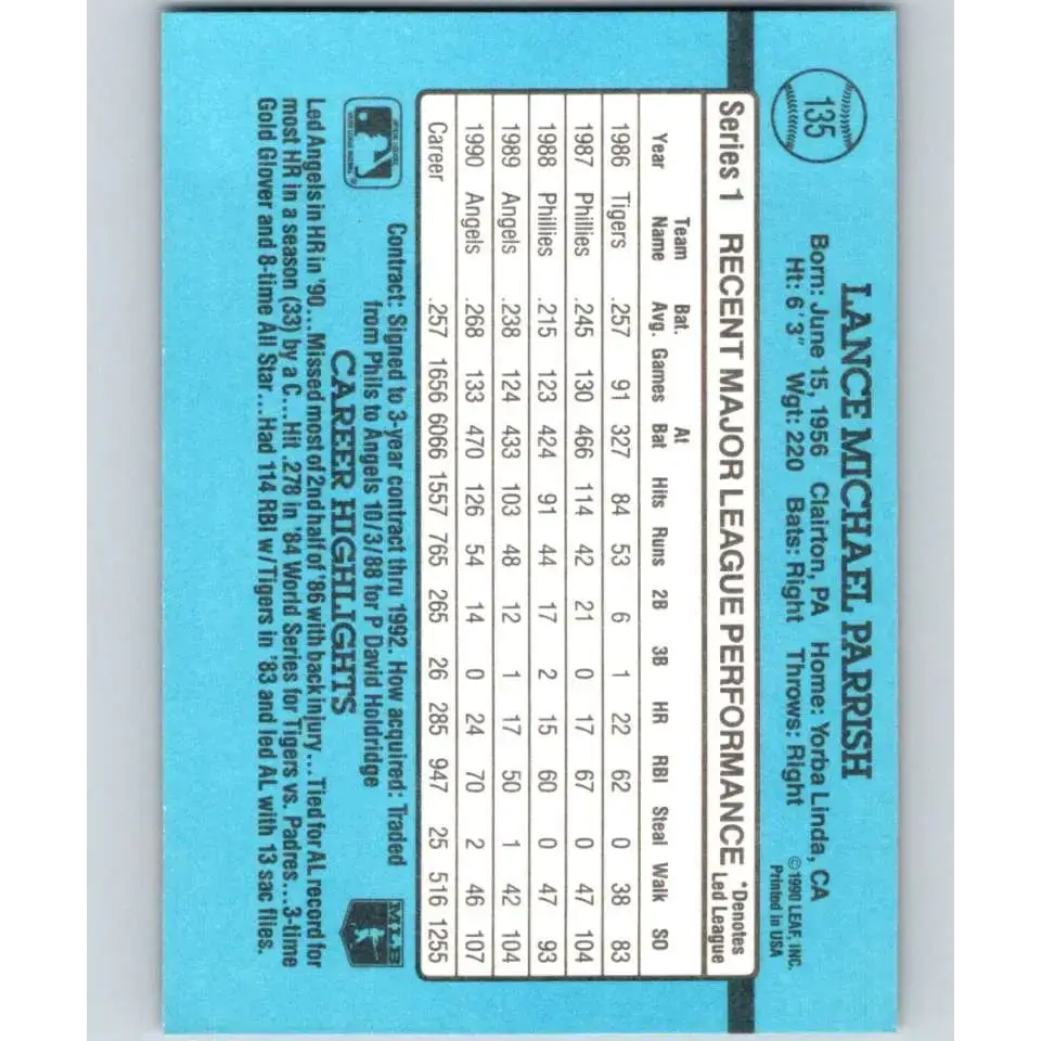1991 Donruss #135 Lance Parrish UER NM-MT California Angels Baseball Card - Baseball Card Single