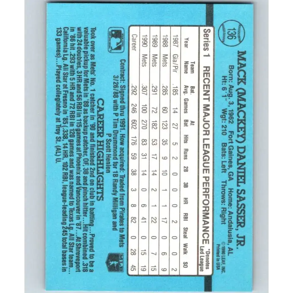 1991 Donruss #136 Mackey Sasser NM-MT New York Mets Baseball Card - Baseball Card Single