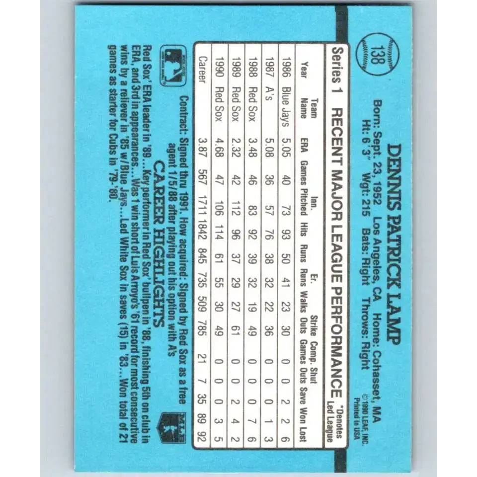 1991 Donruss #138 Dennis Lamp NM-MT Boston Red Sox Baseball Card - Baseball Card Single