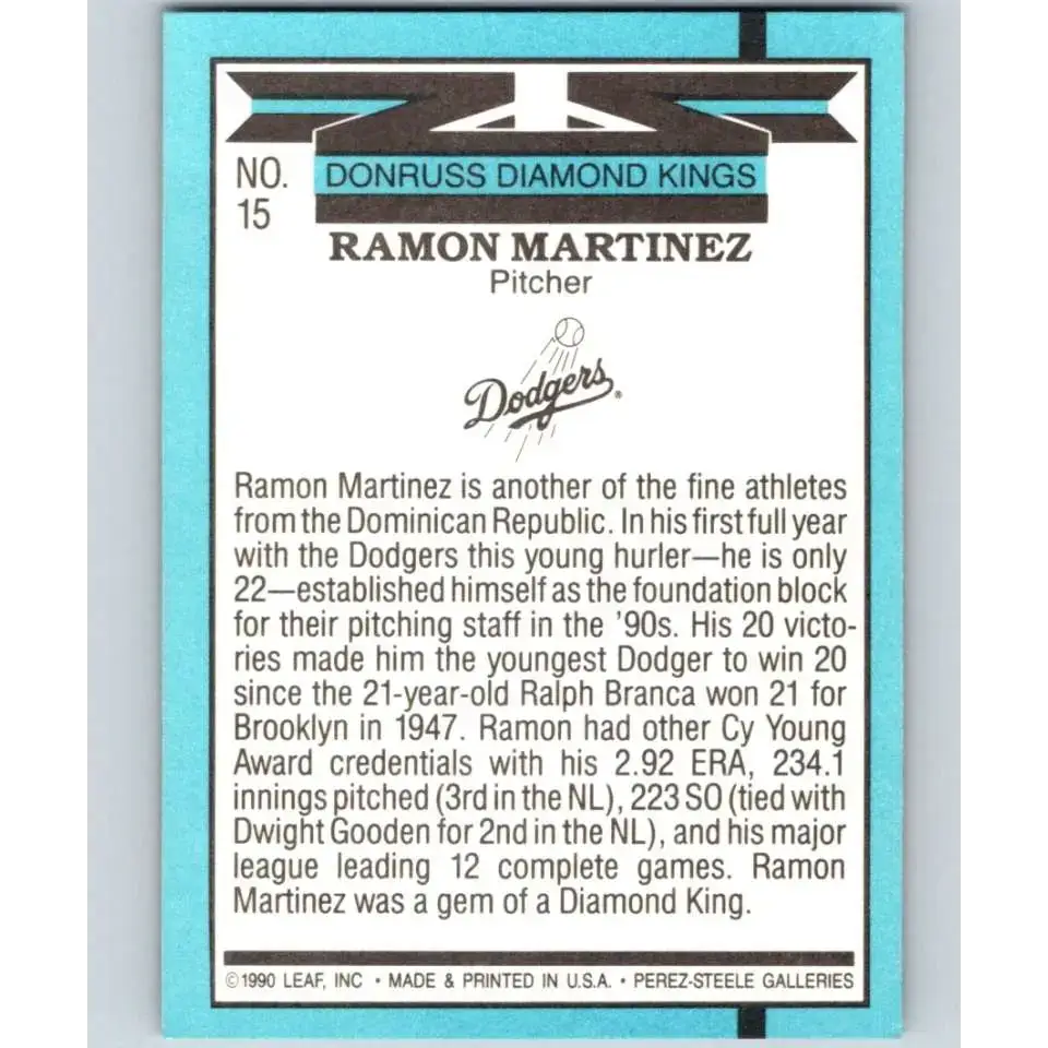 1991 Donruss #15 Ramon Martinez DK NM-MT Los Angeles Dodgers Baseball Card - Baseball Card Single