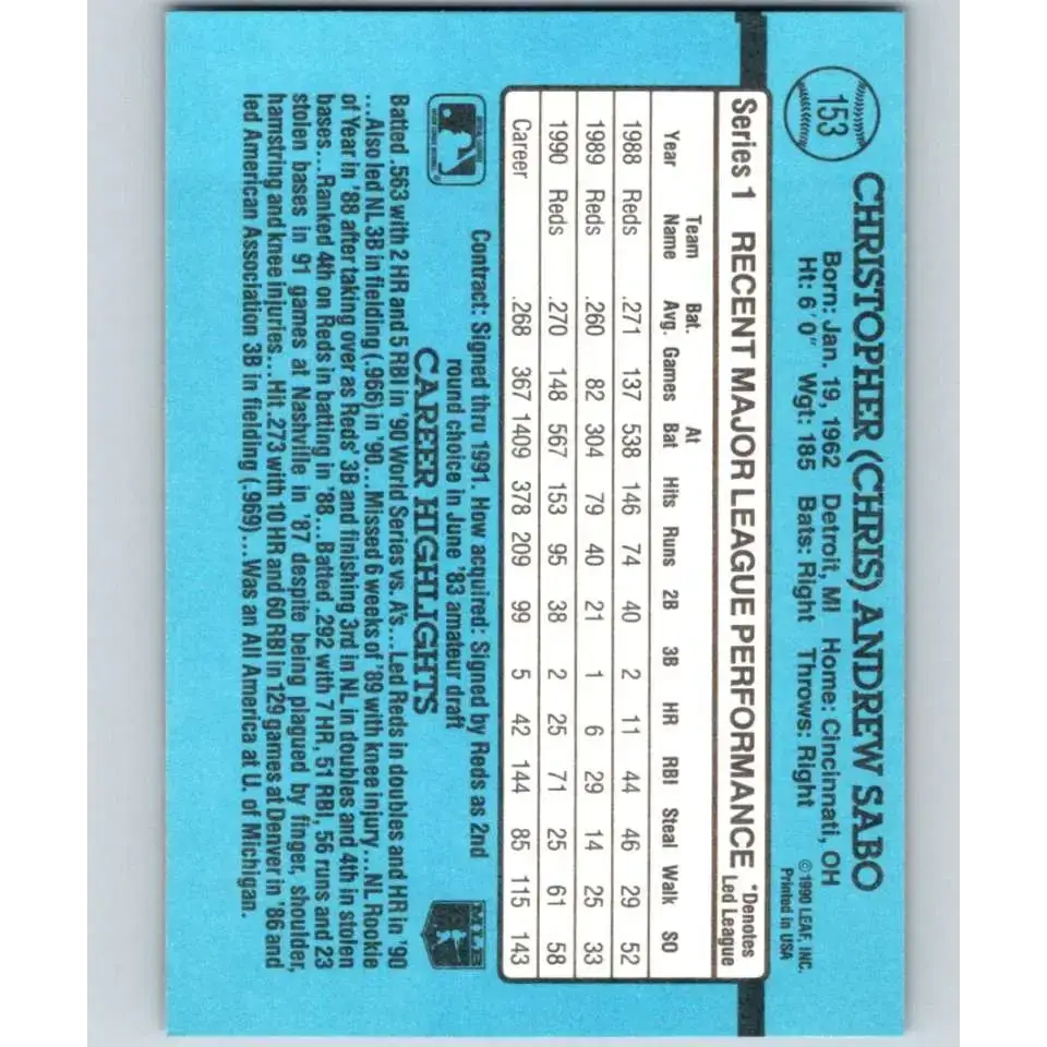 1991 Donruss #153 Chris Sabo NM-MT Cincinnati Reds Baseball Card - Baseball Card Single