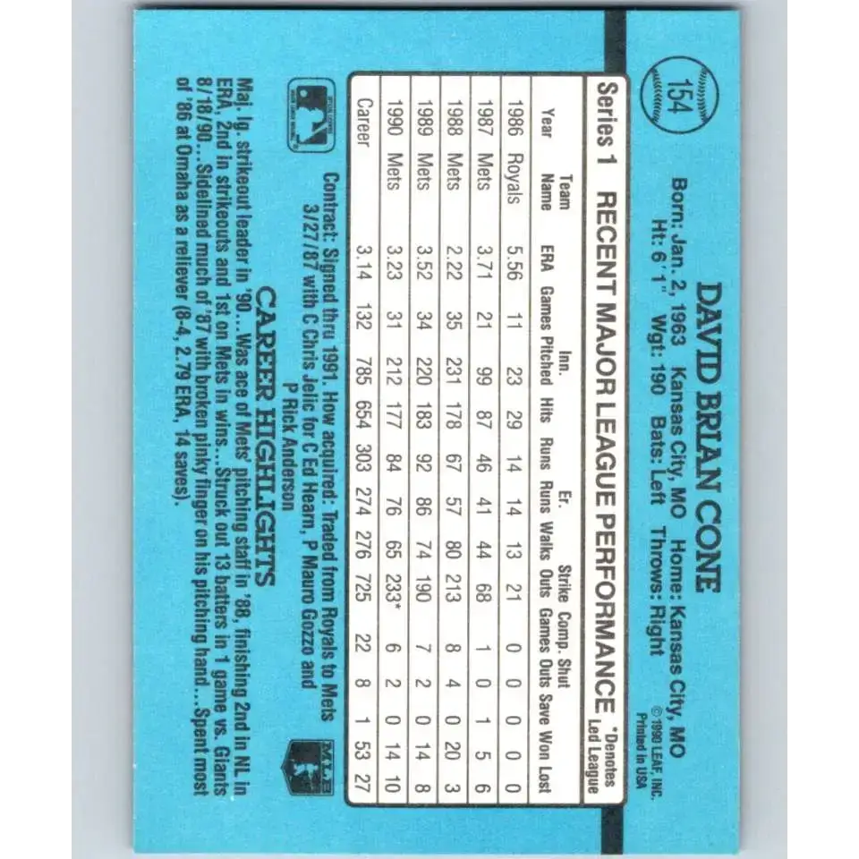 1991 Donruss #154 David Cone NM-MT New York Mets Baseball Card - Baseball Card Single