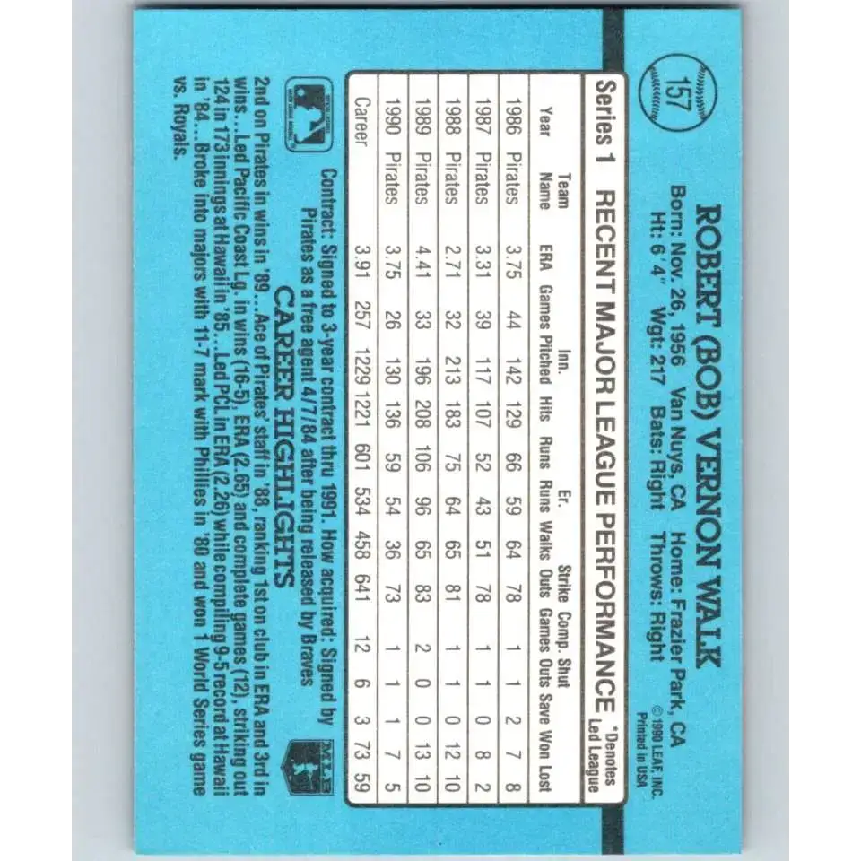 1991 Donruss #157 Bob Walk NM-MT Pittsburgh Pirates Baseball Card - Baseball Card Single