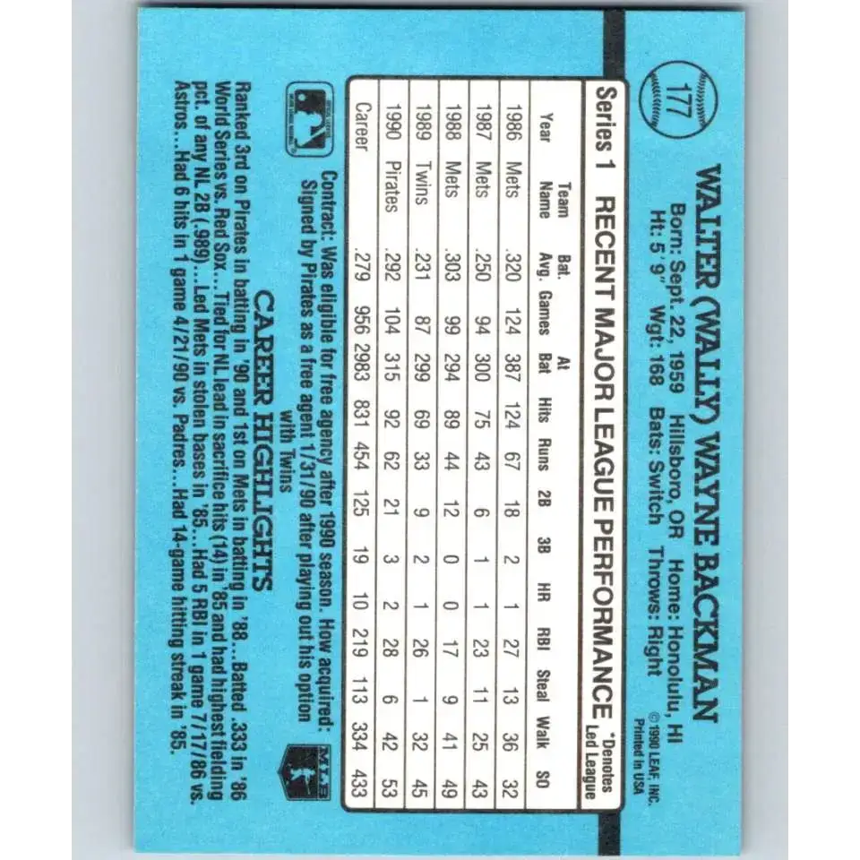 1991 Donruss #177 Wally Backman NM-MT Pittsburgh Pirates Baseball Card - Baseball Card Single