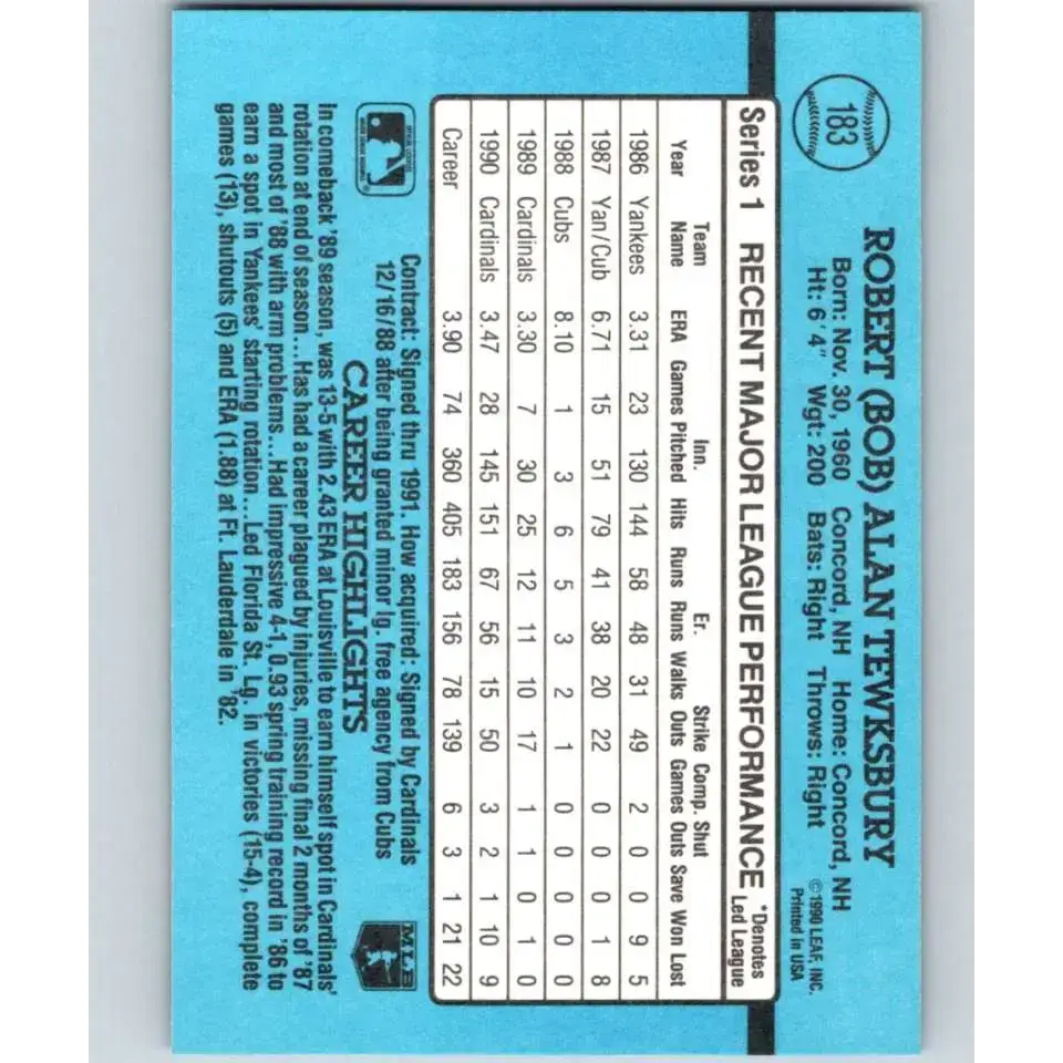 1991 Donruss #183 Bob Tewksbury NM-MT St. Louis Cardinals Baseball Card - Baseball Card Single