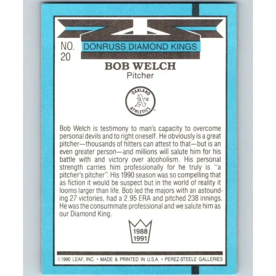 1991 Donruss #20 Bob Welch DK NM-MT Oakland Athletics Baseball Card - Baseball Card Single