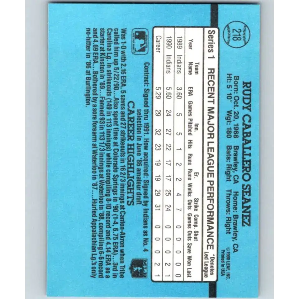 1991 Donruss #218 Rudy Seanez NM-MT Cleveland Indians Baseball Card - Baseball Card Single