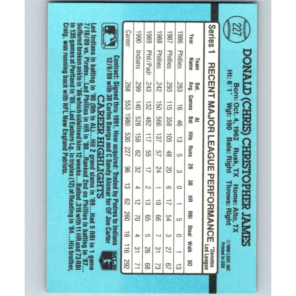 1991 Donruss #227 Chris James NM-MT Cleveland Indians Baseball Card - Baseball Card Single