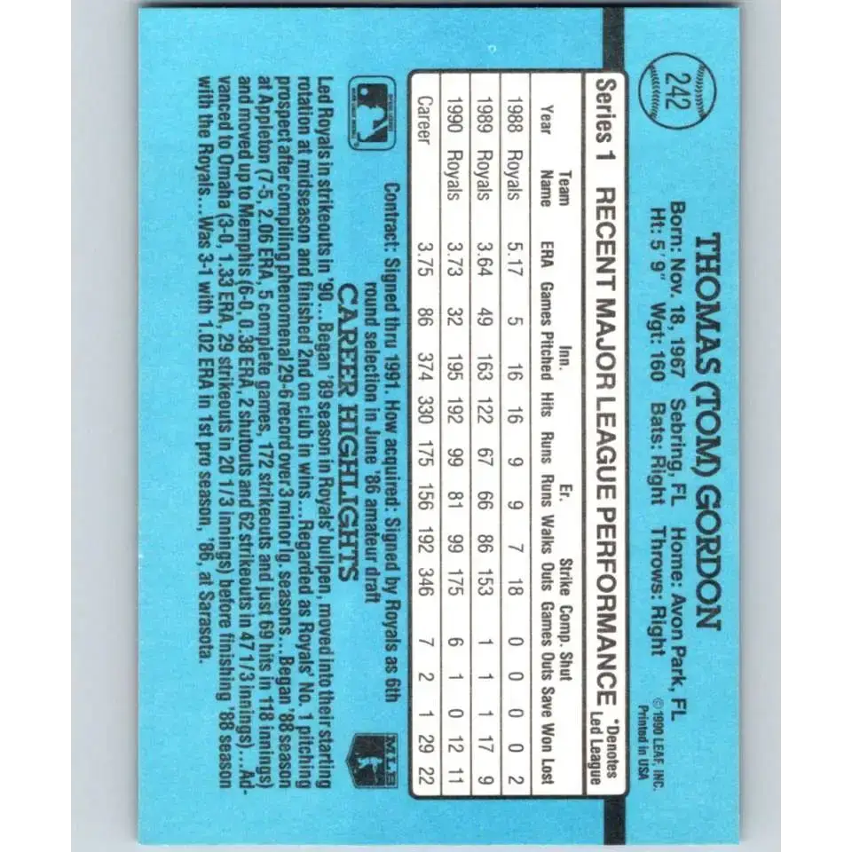 1991 Donruss #242 Tom Gordon NM-MT Kansas City Royals Baseball Card - Baseball Card Single