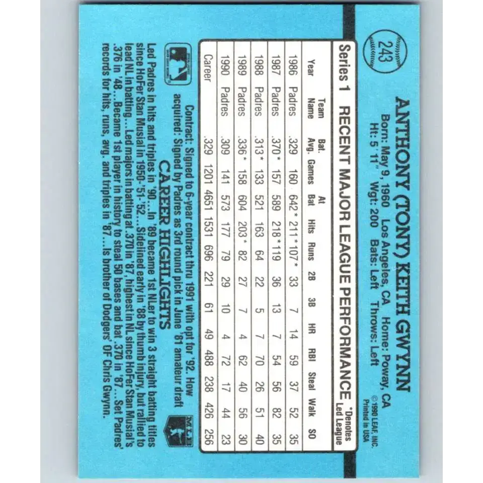 1991 Donruss #243 Tony Gwynn NM-MT San Diego Padres Baseball Card - Baseball Card Single