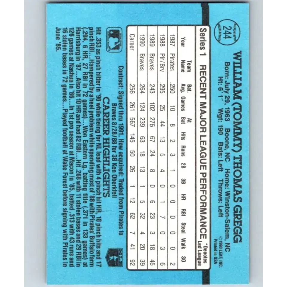 1991 Donruss #244 Tommy Gregg NM-MT Atlanta Braves Baseball Card - Baseball Card Single