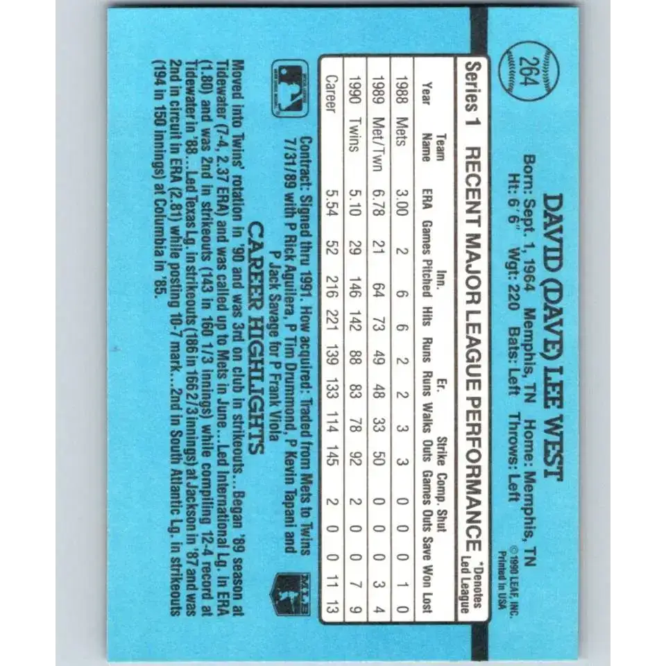 1991 Donruss #264 David West NM-MT Minnesota Twins Baseball Card - Baseball Card Single